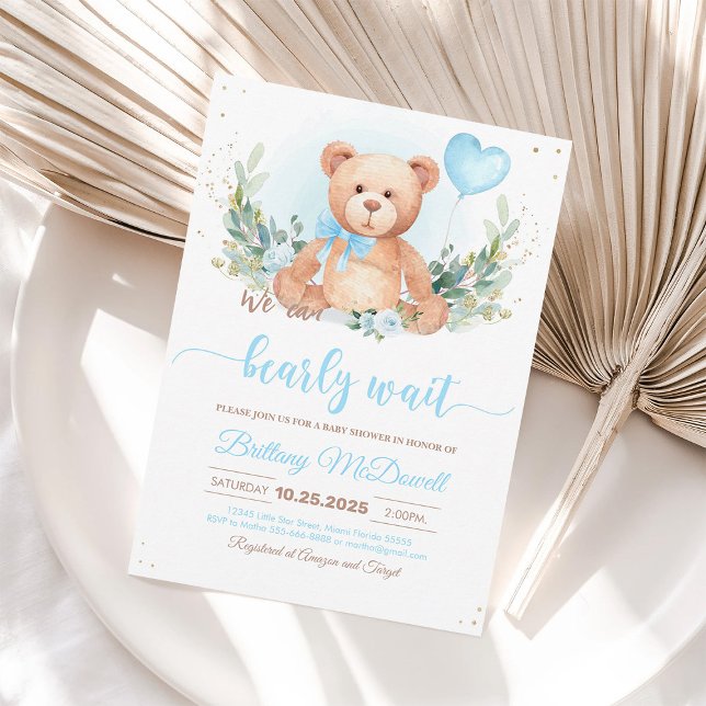 Invitation à la baby shower Ourson | Bleu et marro (Créateur téléchargé)
