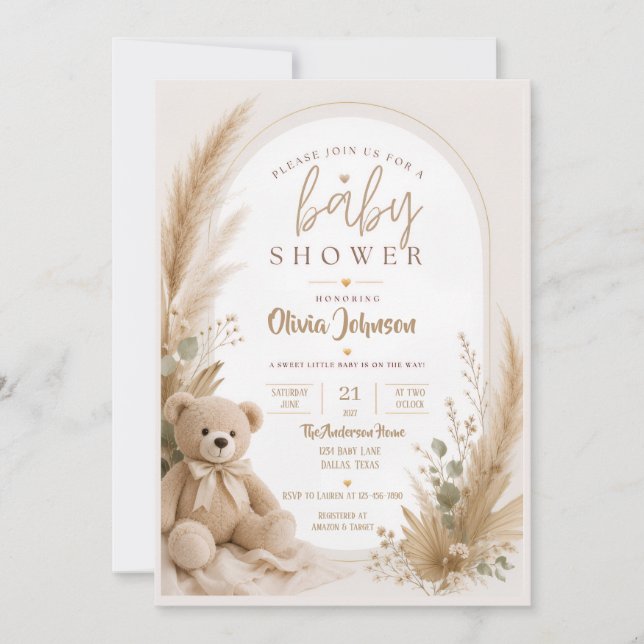 Invitation à la baby shower ourson boho (Devant)