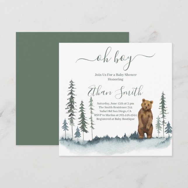 Invitation à la baby shower Ourson de la forêt Oh  (Devant / Derrière)