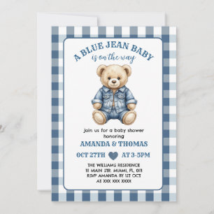 Invitation à la baby shower Ourson en Jean Bleu
