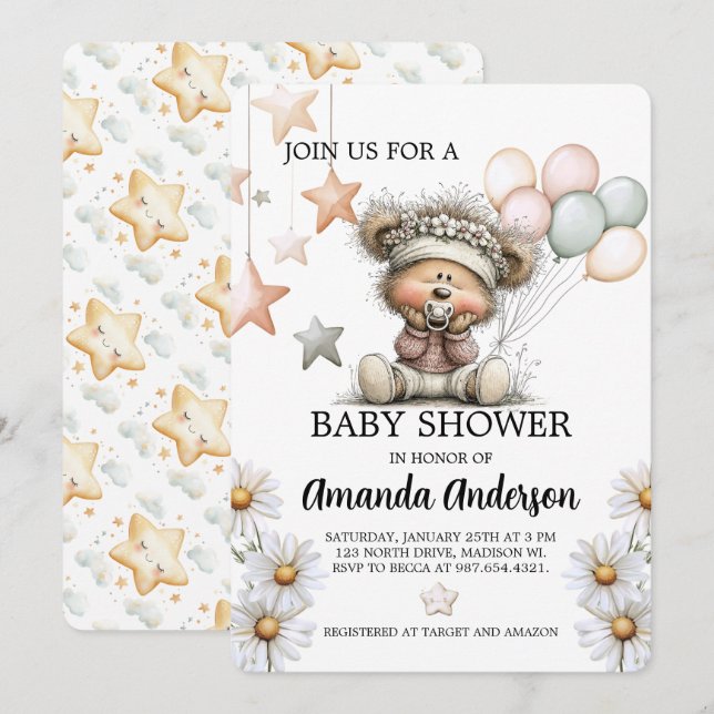 Invitation à la Baby Shower Ourson Fantaisiste (Devant / Derrière)