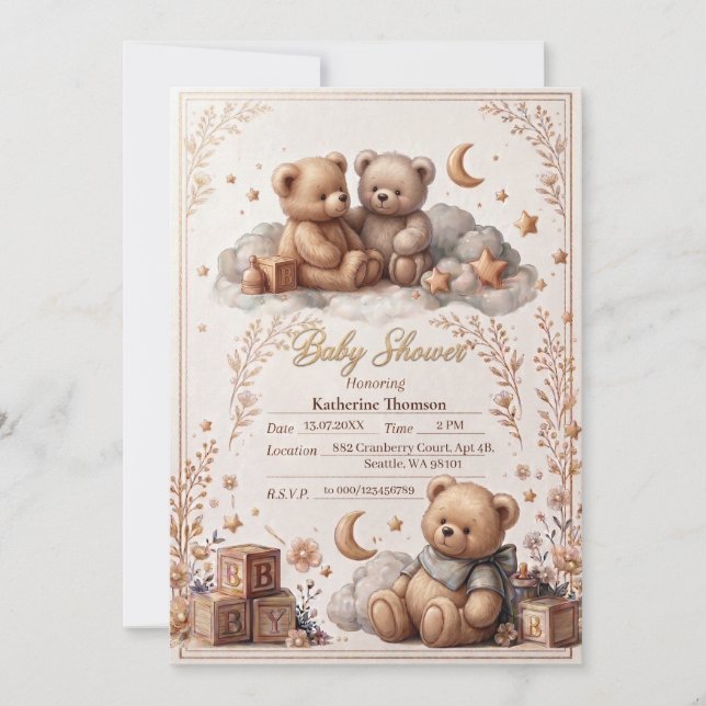 Invitation à la baby shower Ourson Mignon  (Devant)