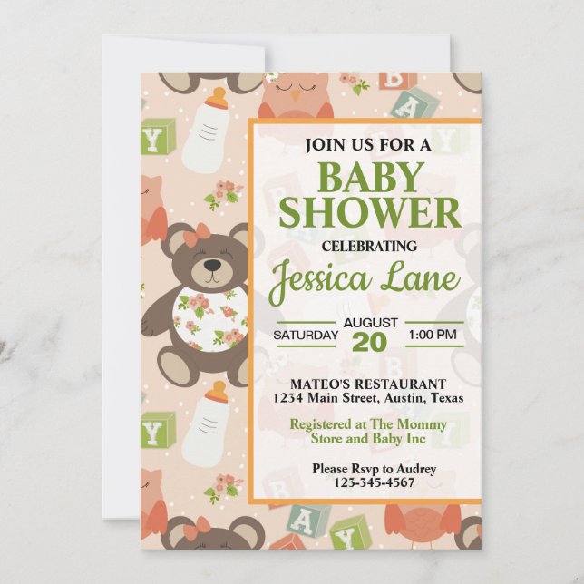 Invitation à la baby shower Ourson Mignon Fille (Devant)