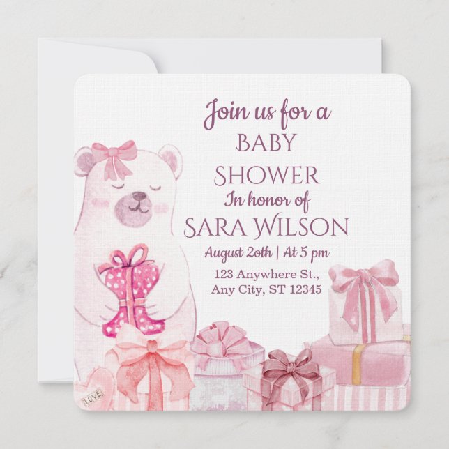 Invitation à la baby shower Ourson Rose (Devant)