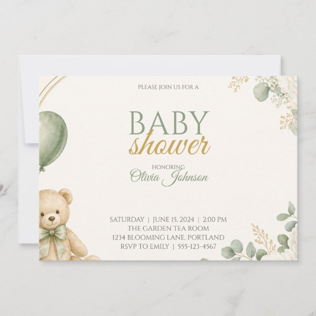 Invitation à la baby shower ourson vert sauge (Devant)