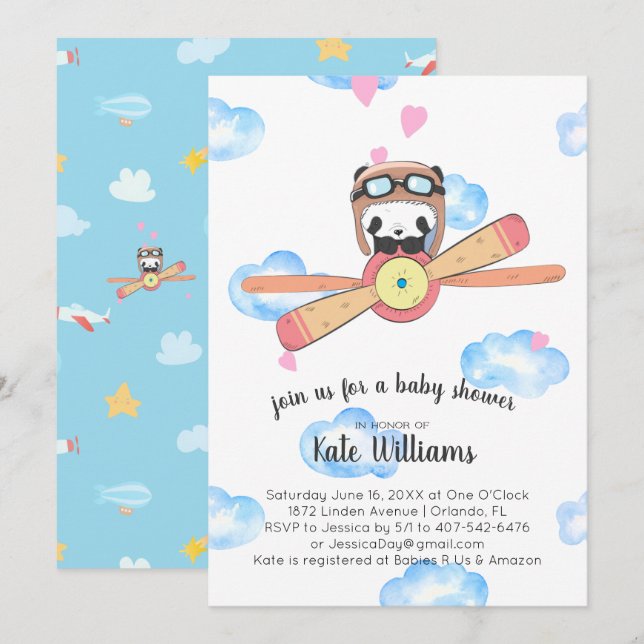 Invitation à la baby shower Panda Pilote (Devant / Derrière)