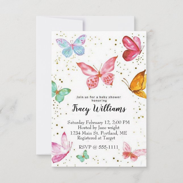 Invitation à la baby shower papillons pastel jolis (Devant)