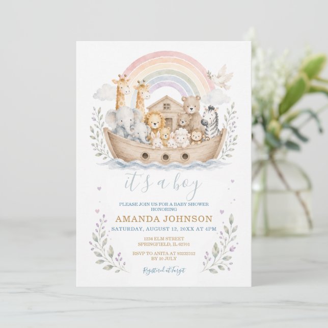 Invitation à la Baby Shower Pastel de l'Arche de N (Debout devant)