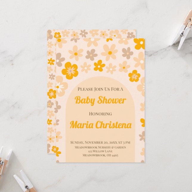 Invitation à la Baby Shower Peach Meadow Bloom (Devant/Arrière en situation)