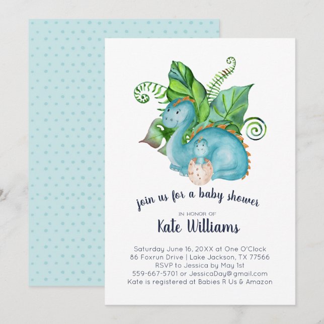 Invitation à la baby shower Petit Dinosaure (Devant / Derrière)