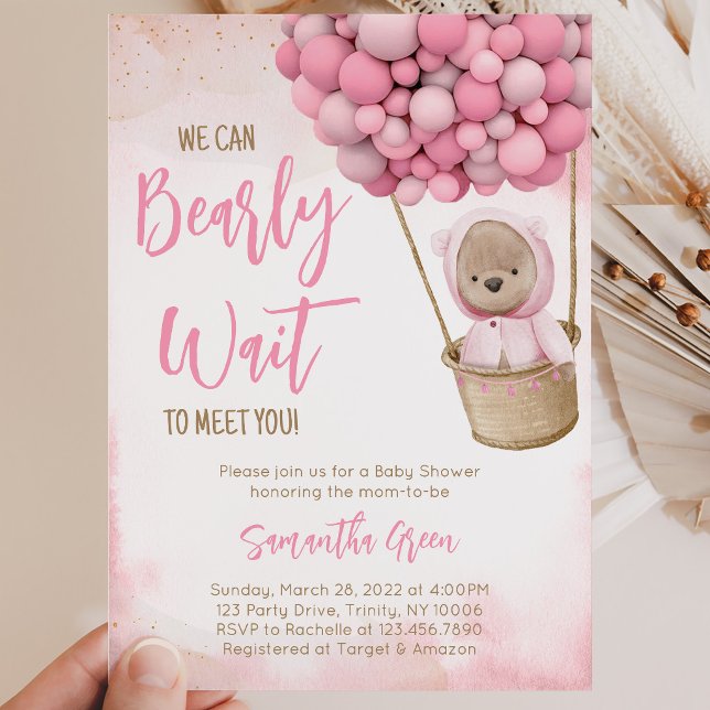 Invitation à la baby shower Pink Bear Balloon (Créateur téléchargé)
