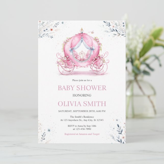 Invitation à la baby shower Pink Carriage (Debout devant)