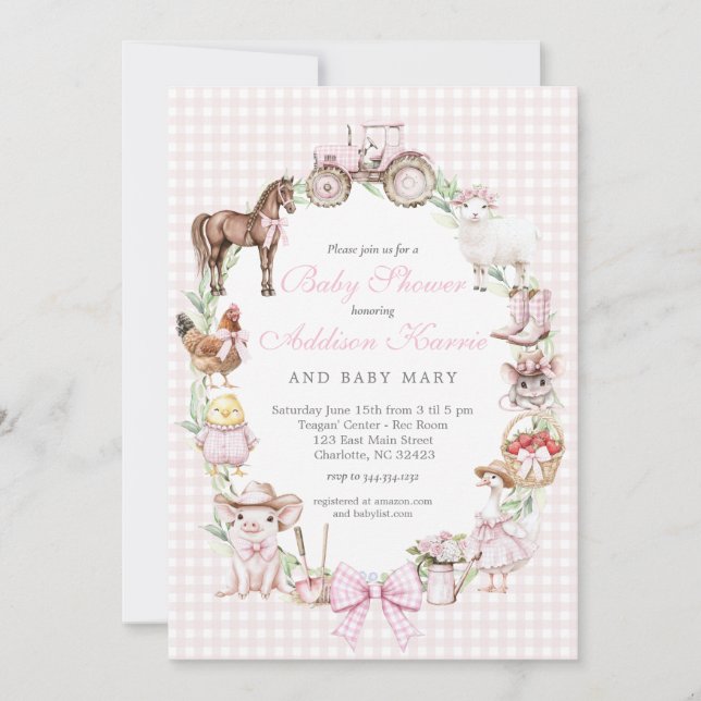 Invitation à la baby shower Pink Farm (Devant)