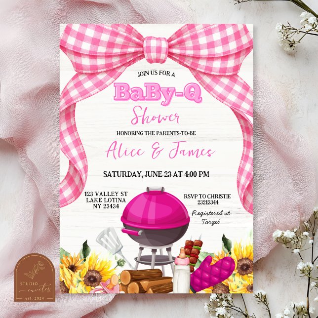 Invitation à la baby shower Pink Gingham Bow Baby- (Créateur téléchargé)
