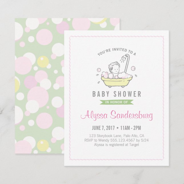 Invitation à la baby shower pour bébé fille au bai (Devant / Derrière)