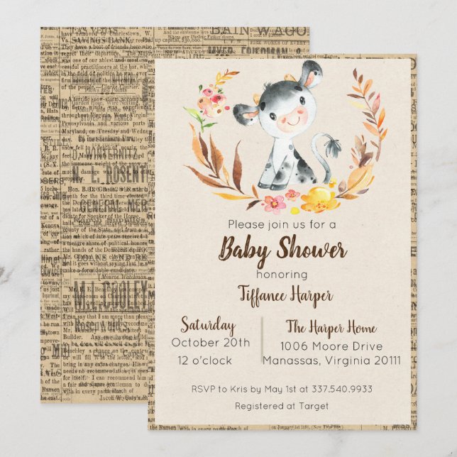 Invitation à la baby shower pour bébé vache de fer (Devant / Derrière)