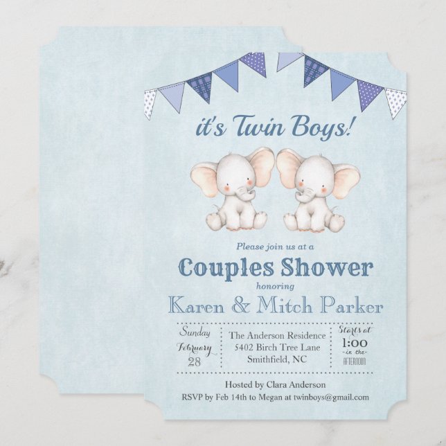 Invitation à la baby shower pour des jumeaux éléph (Devant / Derrière)