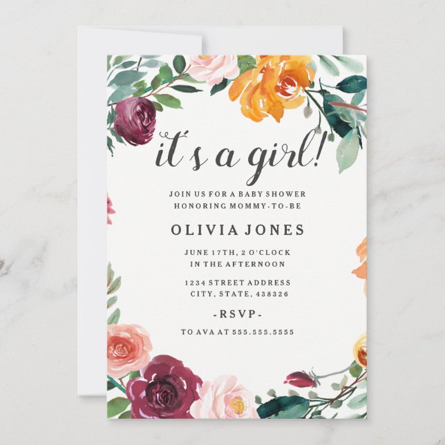 Invitation à la baby shower pour fille aux fleurs  (Devant)