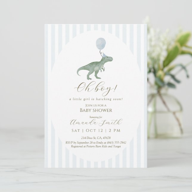 Invitation à la baby shower pour garçon dinosaure  (Debout devant)