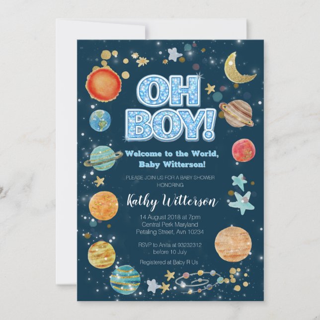 Invitation à la baby shower pour garçon Planètes E (Devant)