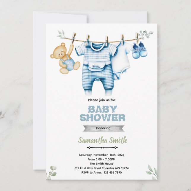 Invitation à la baby shower pour garçon sur corde  (Devant)