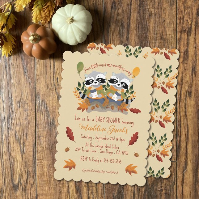 Invitation à la baby shower pour jumeaux dans les  (Adorable raccoons autumn baby shower invitation for twin boys or girls .)