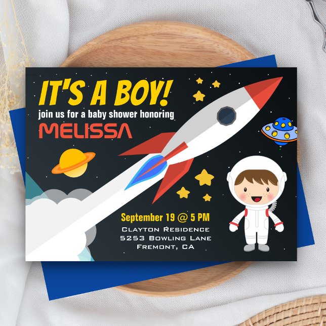 Invitation à la Baby Shower Rocket Boy dans l'Espa (Créateur téléchargé)