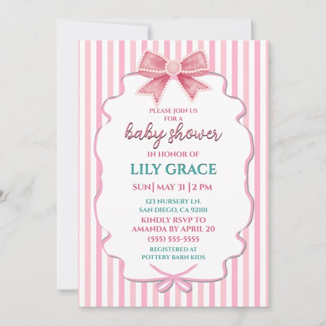 Invitation à la Baby Shower Rose Douce & Perles (Devant)
