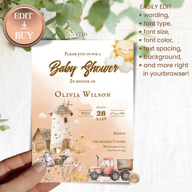 Invitation à la Baby Shower Rustique avec Animaux  (Créateur téléchargé)