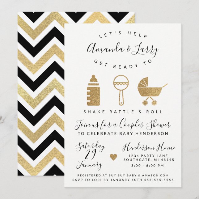 Invitation à la Baby Shower Shake Rattle and Roll (Devant / Derrière)