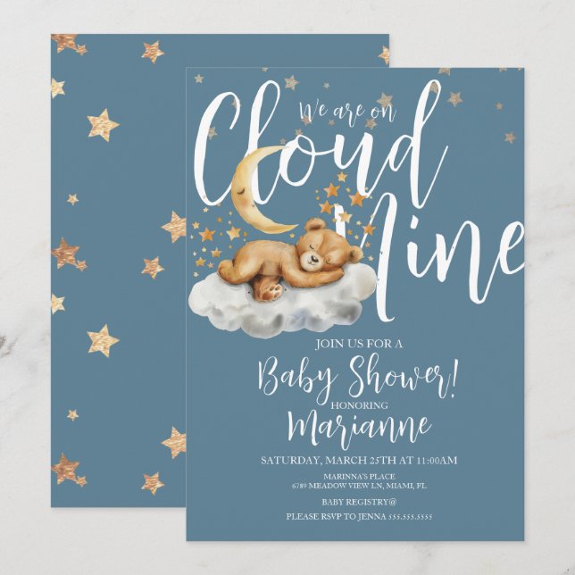 Invitation à la baby shower sur le thème de l'ours (Devant / Derrière)