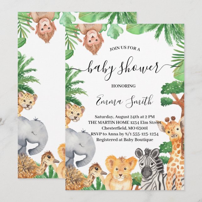 Invitation à la baby shower sur le thème des anima (Devant / Derrière)