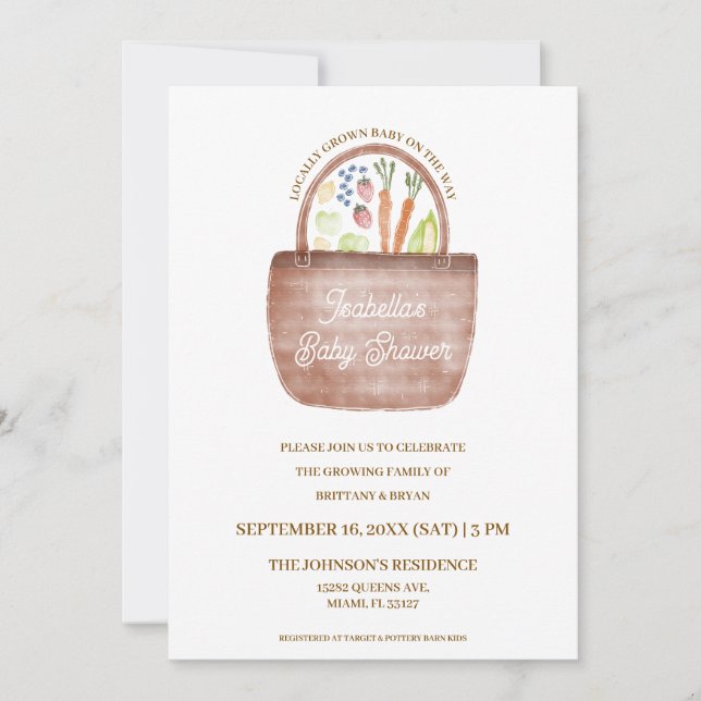 Invitation à la baby shower sur le thème du marché (Devant)