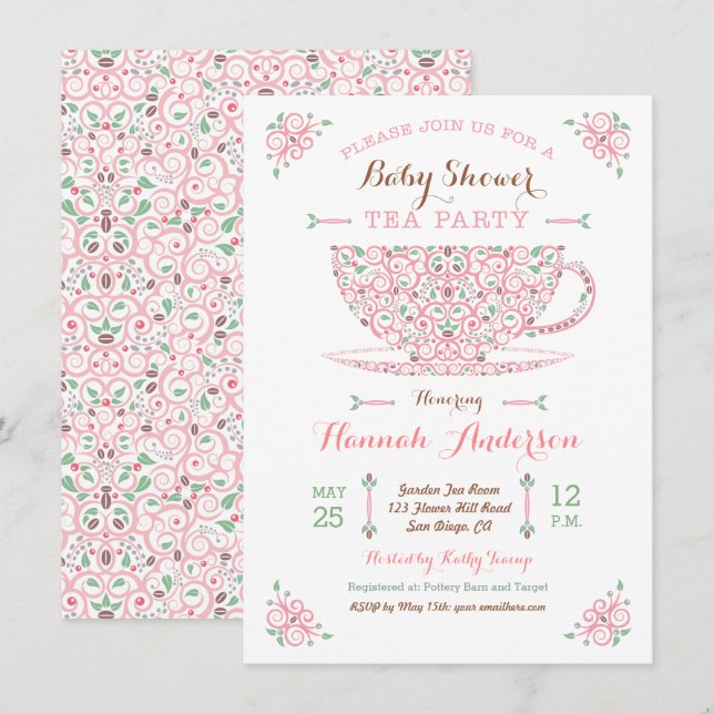 Invitation à la Baby Shower Tea Party - Bébé Fille (Devant / Derrière)