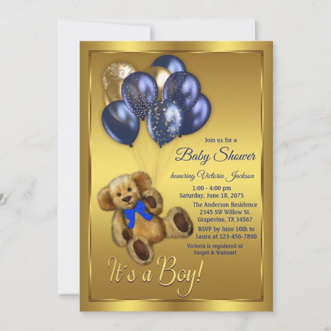 Invitation à la baby shower Teddy Bear Balloon (Devant)