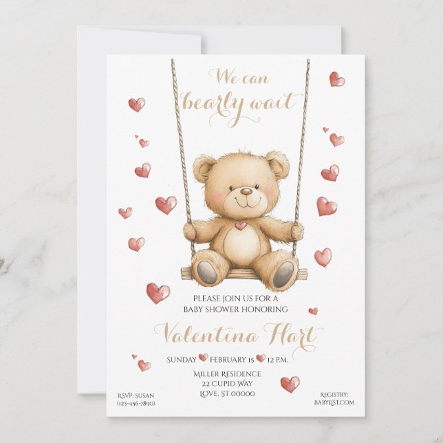 Invitation à la Baby Shower Teddy Bear Hearts (Devant)