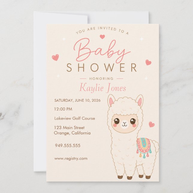 Invitation à la baby shower thème Alpaga (Devant)