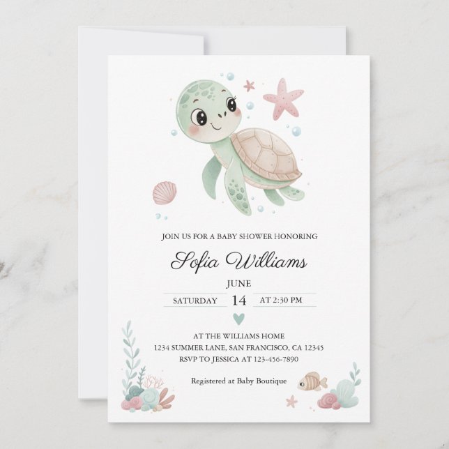 Invitation à la baby shower Tortue de mer côtière (Devant)