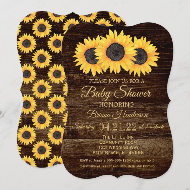 Invitation à la Baby Shower Tournesols Bois Rustiq (Devant / Derrière)