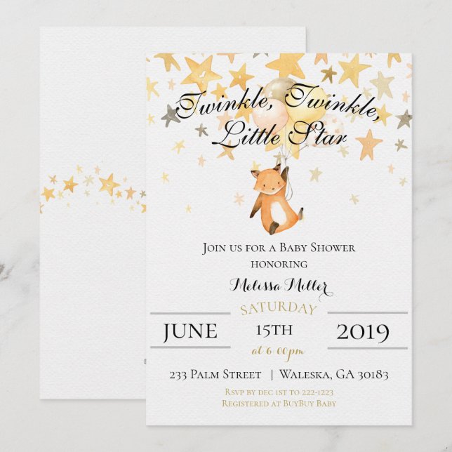 Invitation à la baby shower Twinkle Twinkle Little (Devant / Derrière)