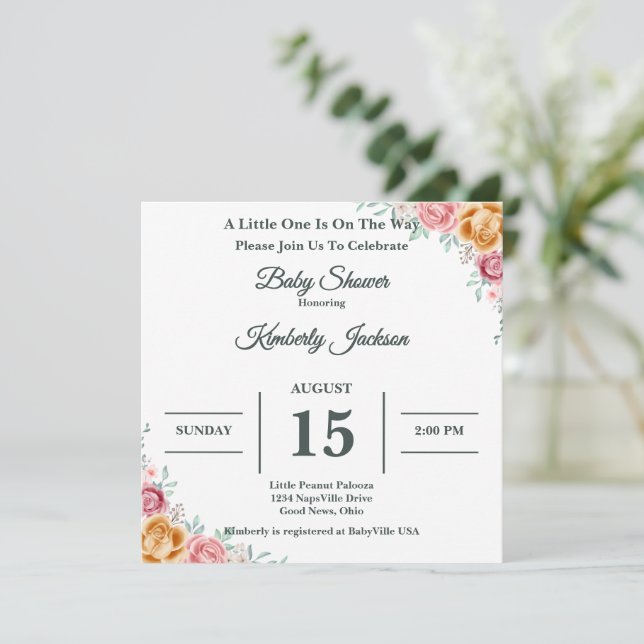 Invitation à la baby shower Watercolor Rose (Debout devant)
