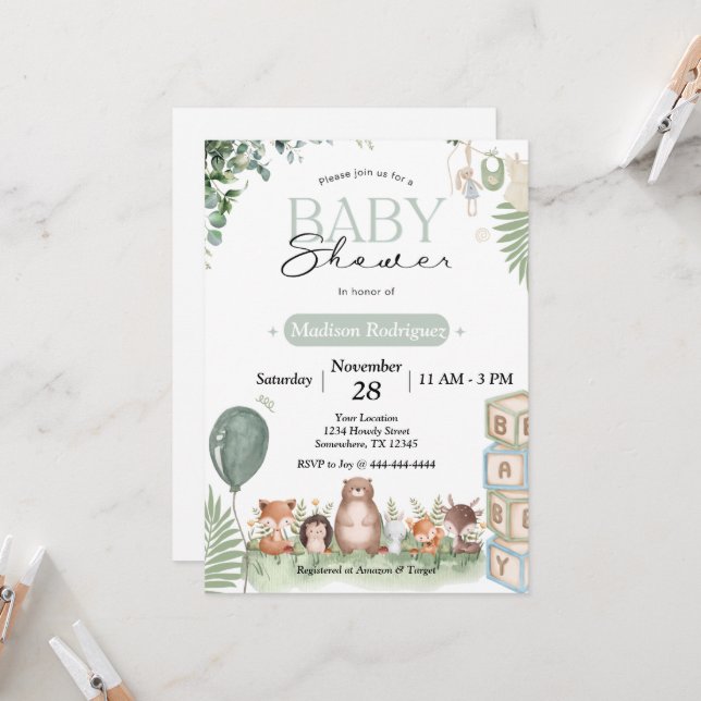 Invitation à la baby shower Woodland (Devant/Arrière en situation)