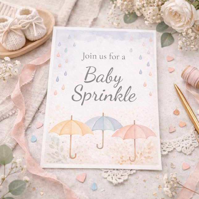 Invitation à la baby sprinkle parapluie (Soft pastel umbrellas and raindrops set a gentle scene for a sweet baby sprinkle)