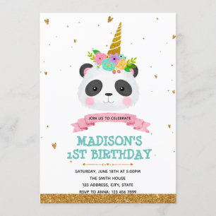 Invitation à la carte d'anniversaire Panda unicorn