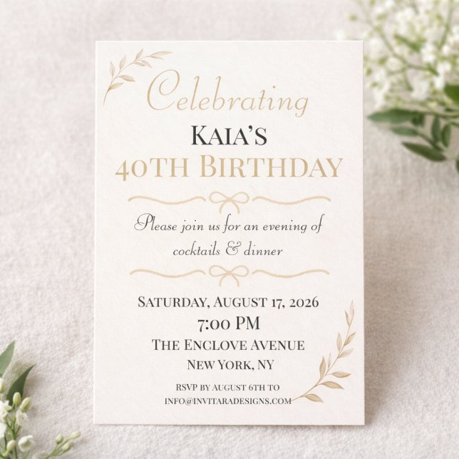 Invitation à la célébration botanique dorée (Gold botanical birthday design with cream background for cocktail dinner celebration)
