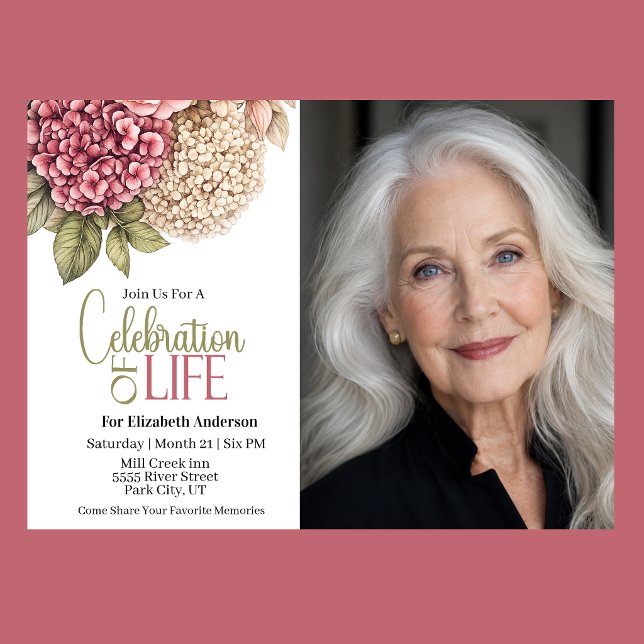 Invitation à la célébration de la vie avec hydrang (Pretty Hydrangea and Rose Celebration Of Life Funeral Photo Invitation)