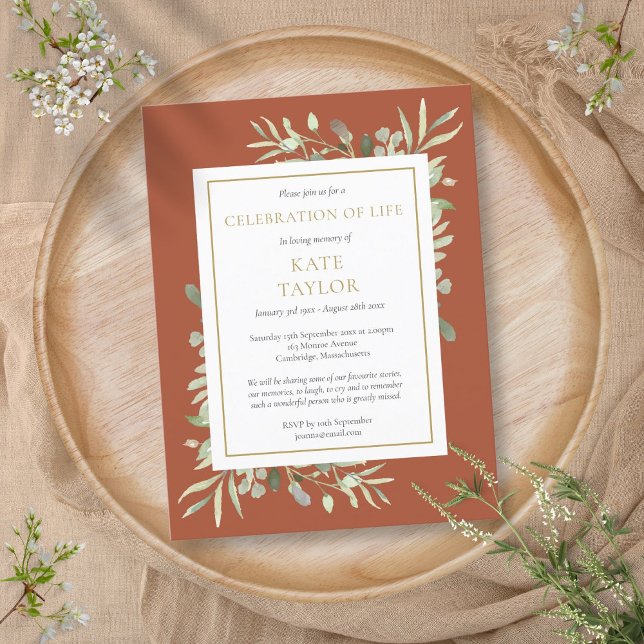 Invitation à la célébration de la vie en verdure t (Terracotta Greenery Celebration of Life Invitation)
