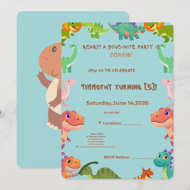 Invitation à la célébration Dino-Mite | Bi personn (Devant / Derrière)