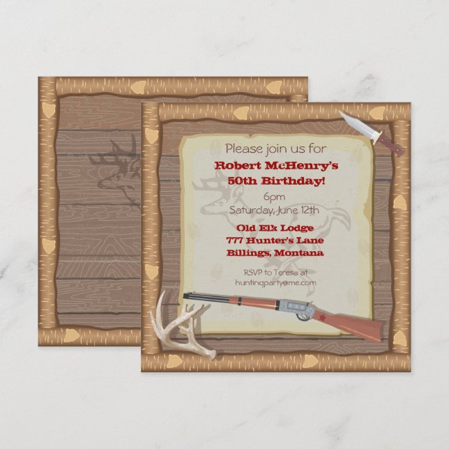 Invitation à la chasse avec cadre en bois (Devant / Derrière)