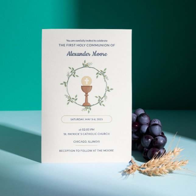 Invitation à la communion de couronne florale - Te (Horizontal First Communion card invitation with Floral Wreath)